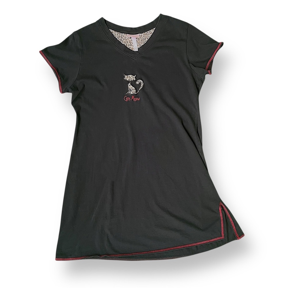 Vintage Y2K Black Cat Embroidered Nightdress with Red Trim